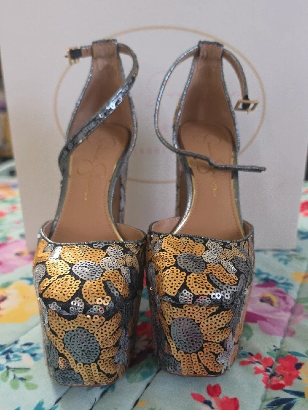 Gianni Bini Gold, Silver & Blue Sequin Floral Platform Heels
